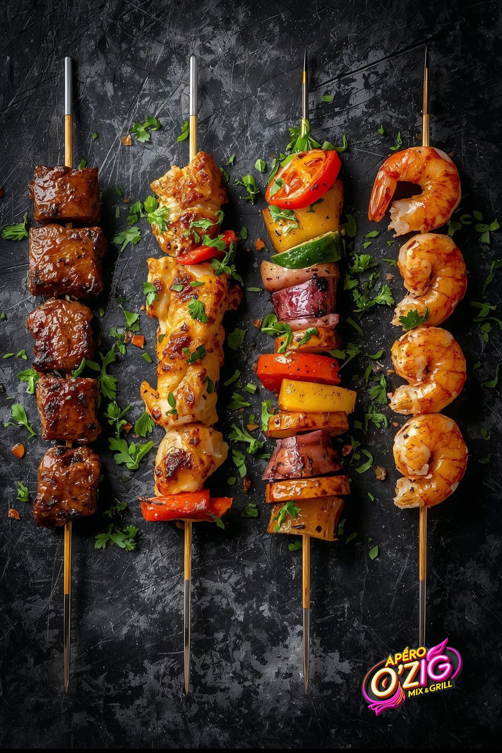 Quatre brochettes grillées : bœuf, poulet, légumes et crevettes, servies sur un fond sombre avec du persil frais. Spécialité de l’Apéro O’Zig – Mix & Grill.