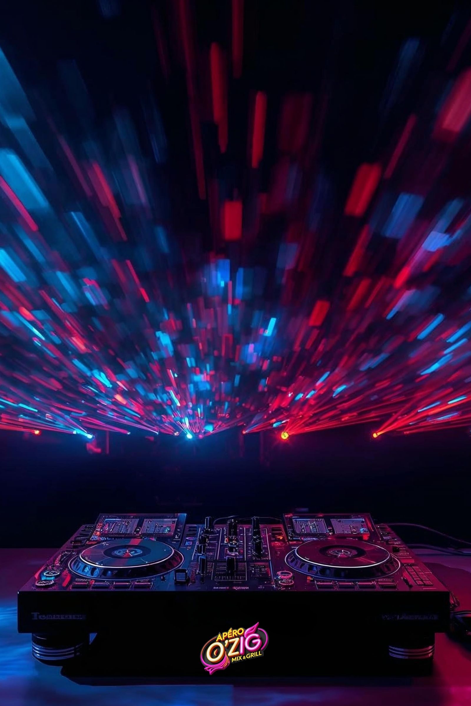 Table de mix DJ Technics sous des effets de lumière laser bleu et rouge, ambiance nocturne et festive pour l’Apéro O’Zig – Mix & Grill.